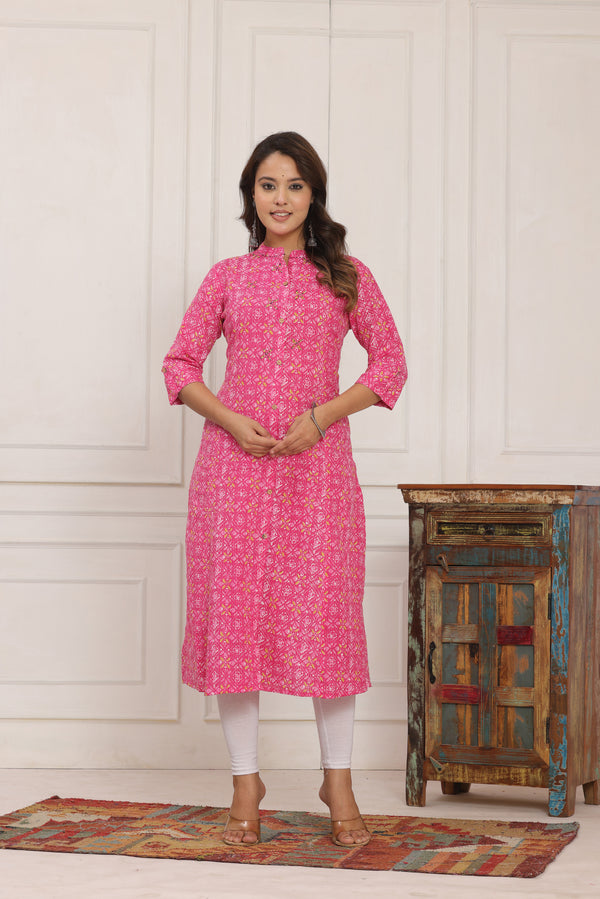 Women's Floral Pink Cotton Print Straight Kurta