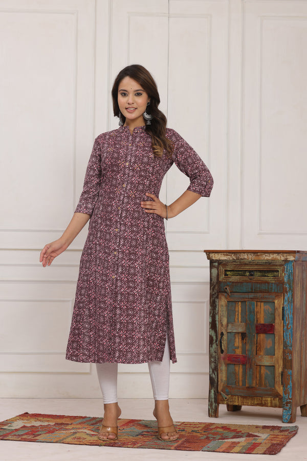 Women's Parpal  Floral Purple Cotton Print Straight Kurta