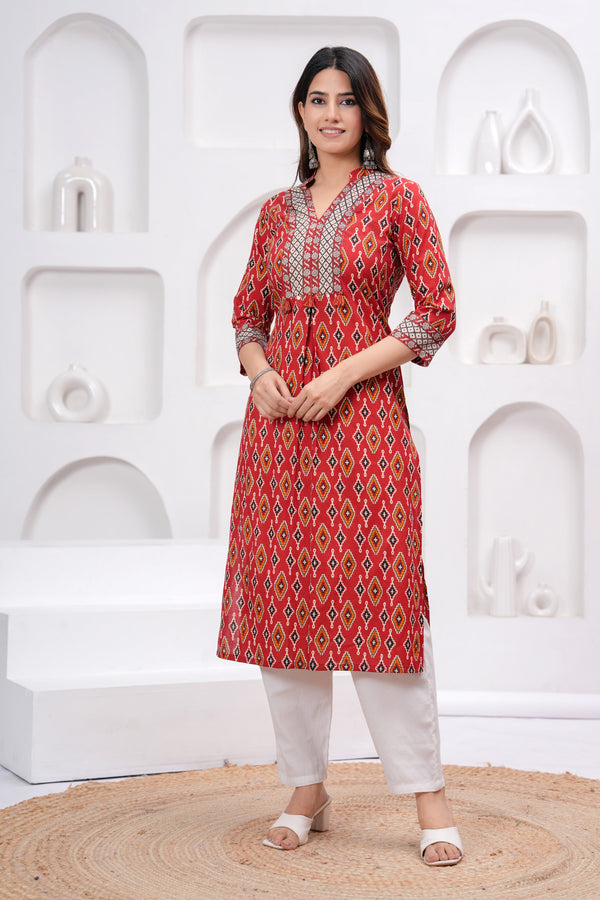 Women's Red Cotton Printed Pure Cotton A-line Kurta