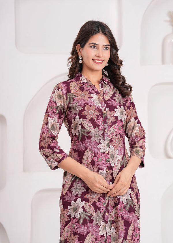 Myaza Women Wine Flower Printed  Kurta Pant Set-M2147