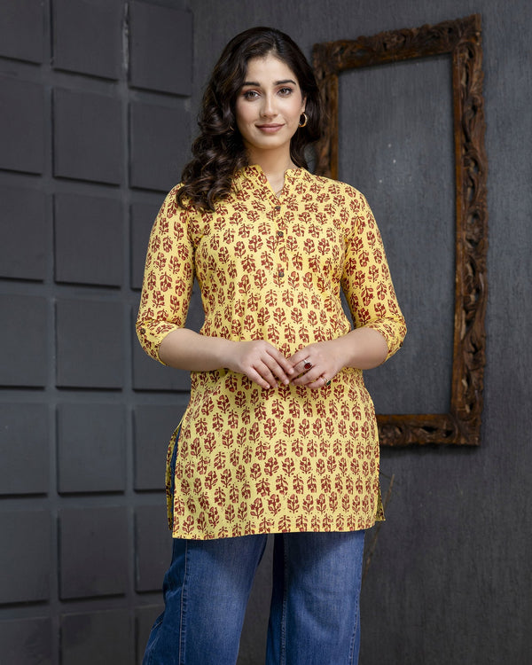 Women's Yellow Cotton Printed Top