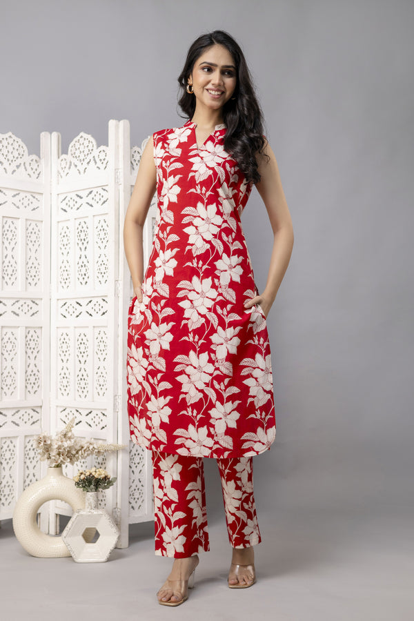 Myaza WomenRed White Flower Pprinted Kurta Pant Set