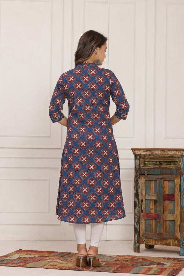 Women's Blue Gray Cotton silk Printed Kurta