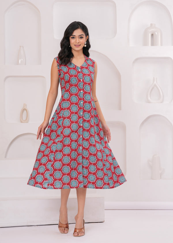 Women's Floral Red Cotton Print A-line Kurta