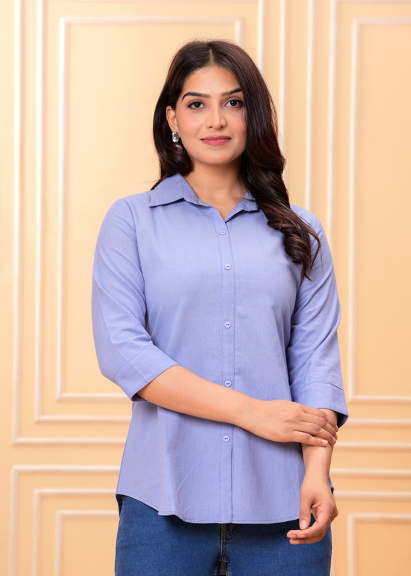 Women's Casual Blue Flower Purple Cotton Printed Top