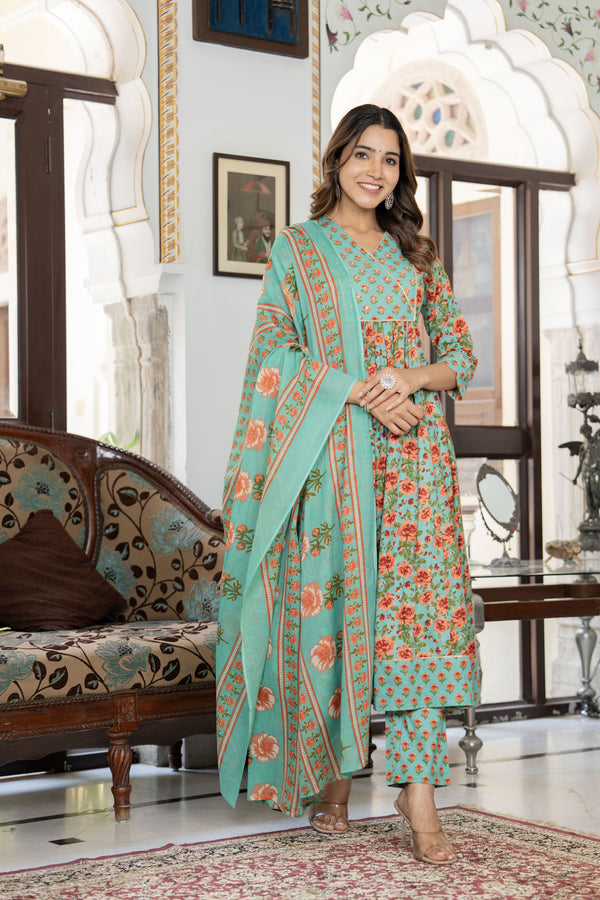 Green Cotton Floral Printed Kurta Pant Dupatta Set