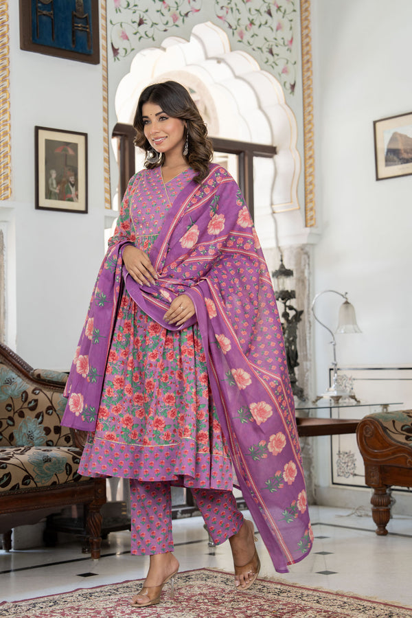 Purple Cotton Floral Printed Kurta Pant Dupatta Set