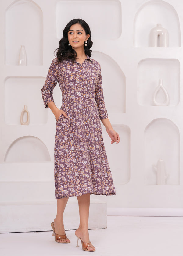 Women's Aline Flower Purple Cotton Printed Kurta Kurti