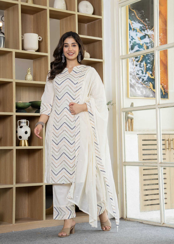 Mix. Blue Emb. White Cotton Kurta Pant Dupatta Set