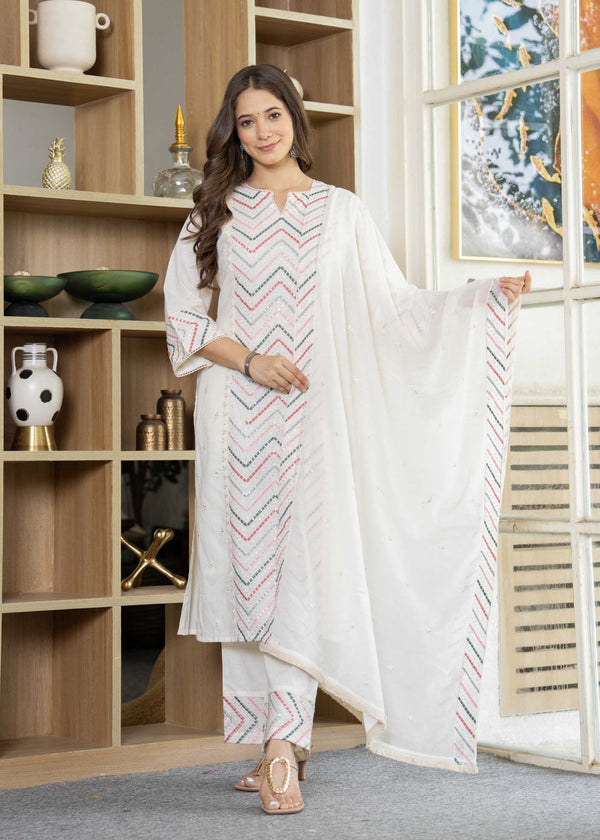 Mix. Pink Emb. White Cotton Kurta Pant Dupatta Set