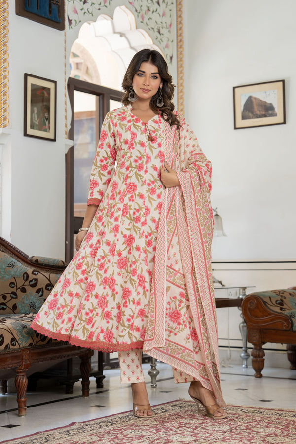 Myaza Women Pink Flower Printed  Kurta Pant With Dupatta Set-M2206