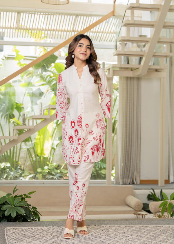 Myaza Women White Red Printed Kurta Pant Set