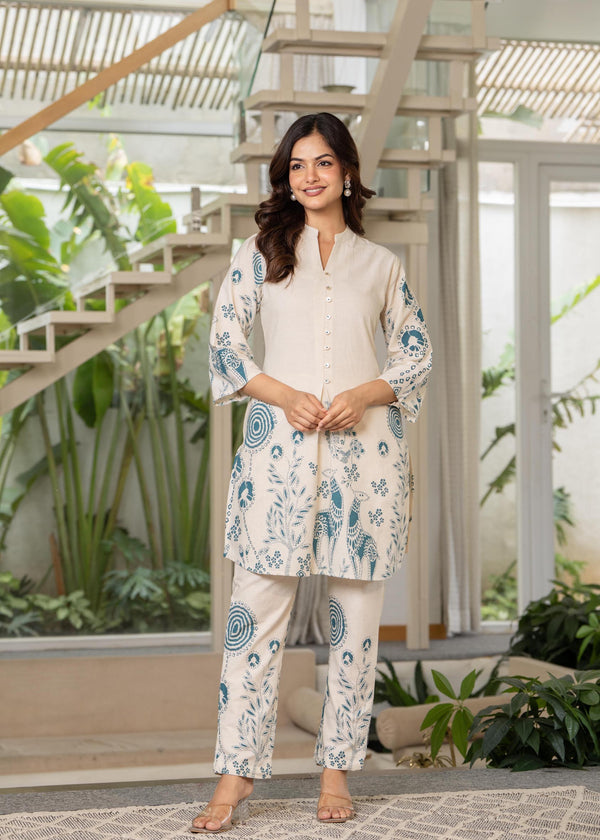 Myaza Women White Red Printed Kurta Pant Set