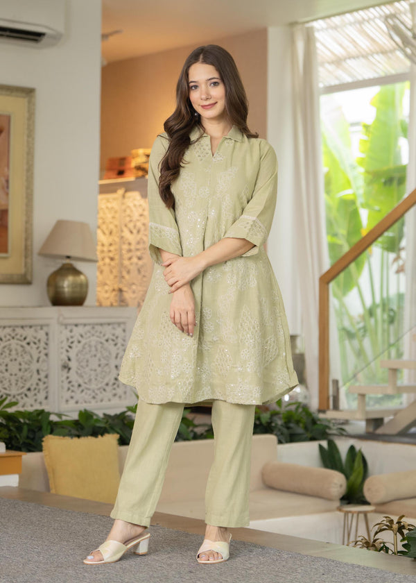 Myaza Women Green Embroidary Log Co-Ord Set