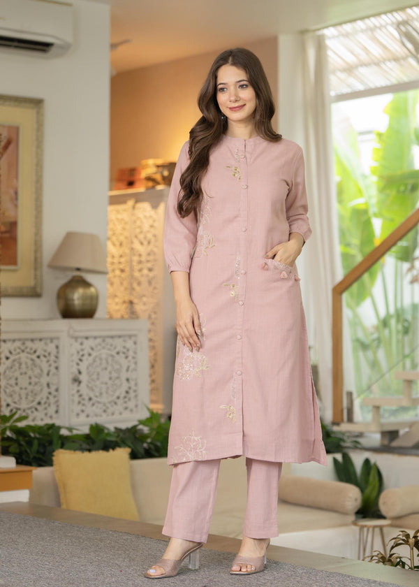 Myaza Women Pink Embroidary Log Co-Ord Set