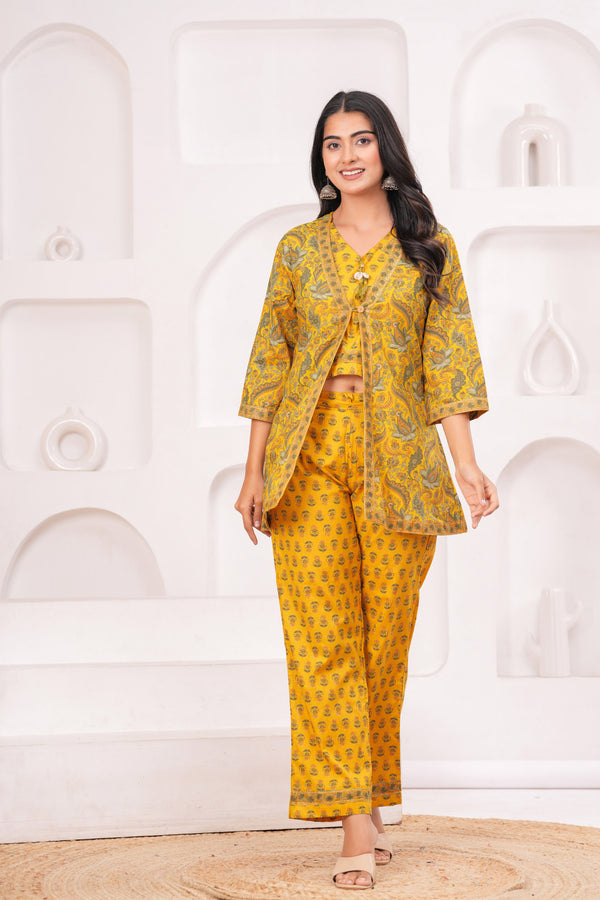 Myaza Women Mustred Flower Printed Co-Ord Set-M2252