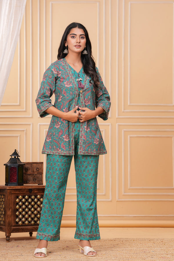 Myaza Women Green Flower Printed Co-Ord Set-M2253