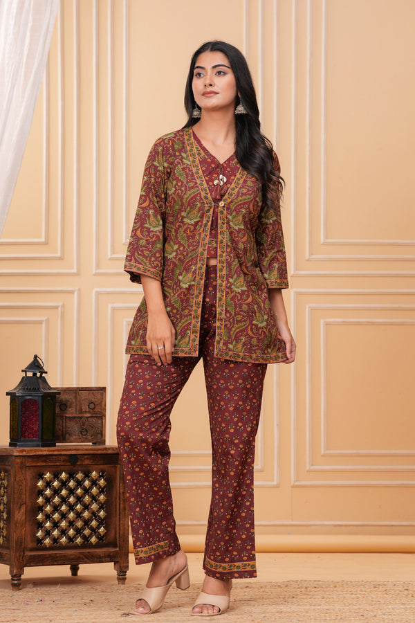 Myaza Women Maroon Flower Printed Co-Ord Set-M2254