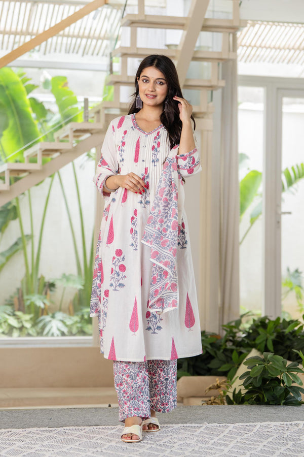 Myaza Women Pink White Cotton Kurta Pant Duptta Set