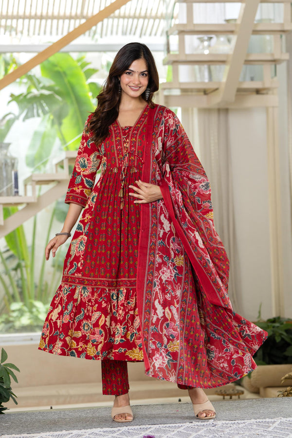 Jaipuri Red Floral Printed Kurta Pant Dupatta Set