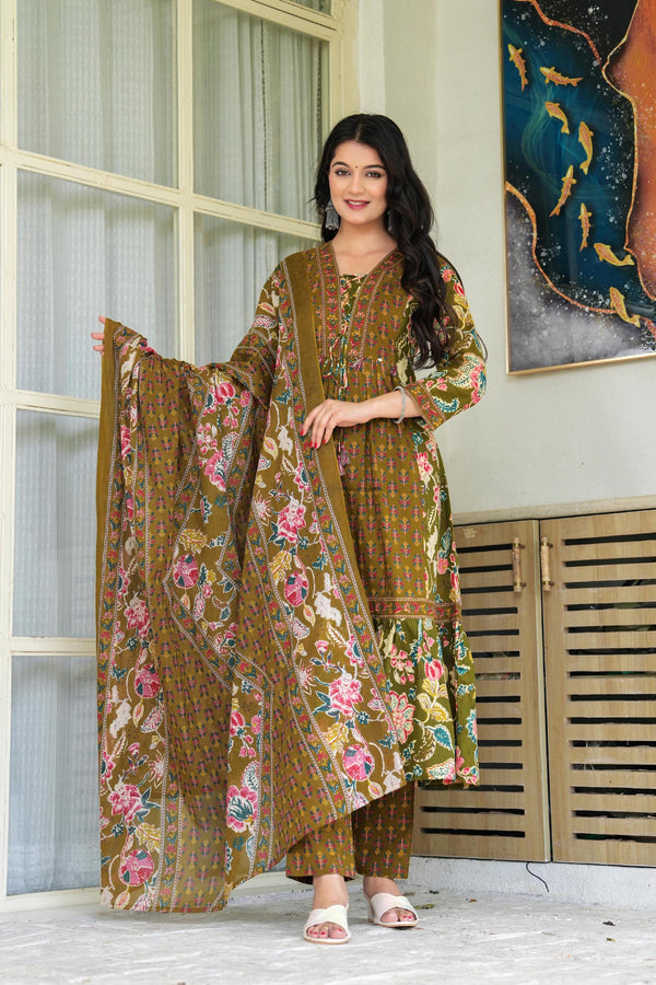 Jaipuri Mehndi Green Floral Printed Kurta Pant Dupatta Set