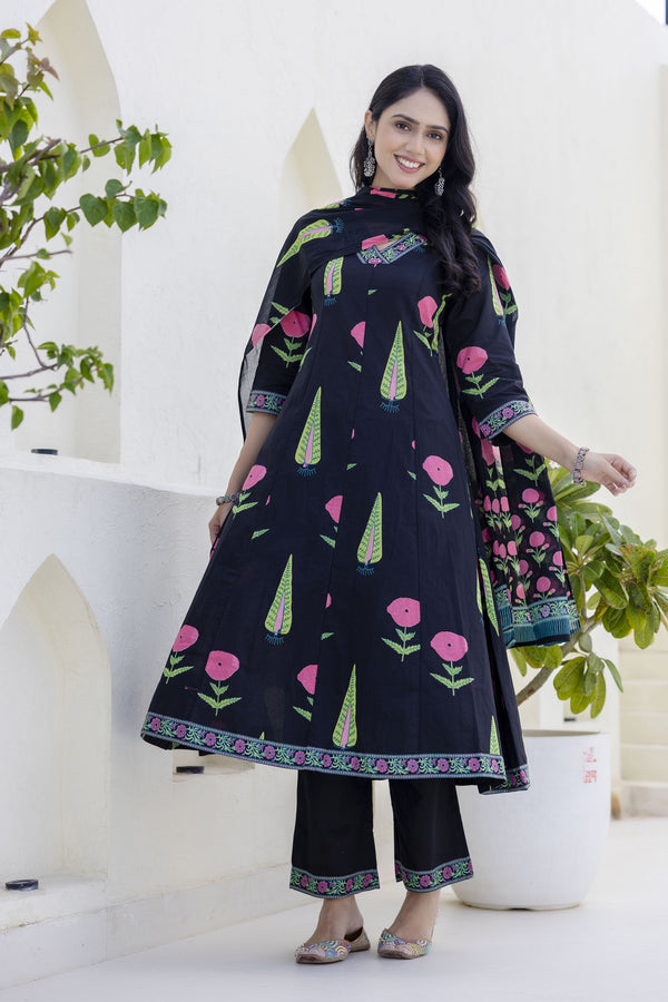 Black Floral Printed Kurta Set