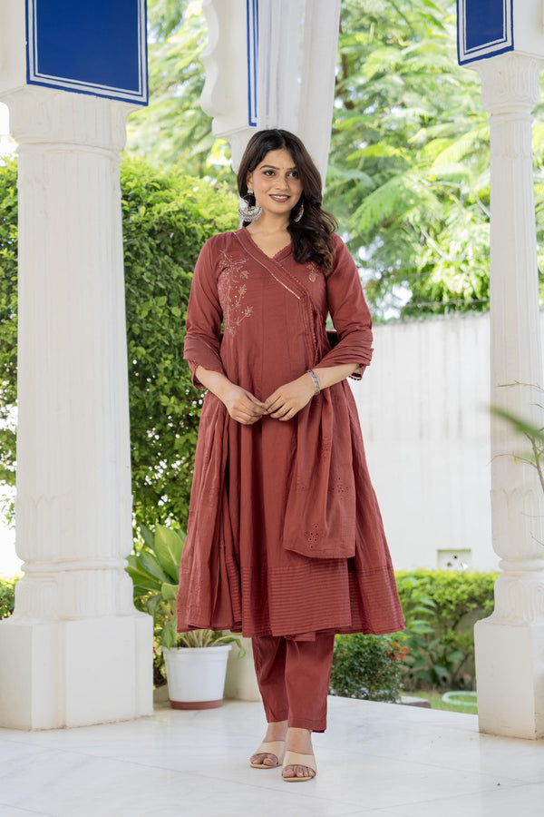 Rust Solid with Embroidered Kurta Set