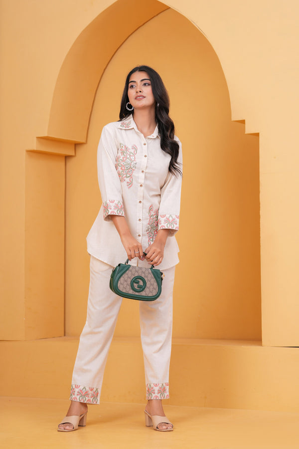 Myaza Women White Embroidary Co--Ord Set-M2313