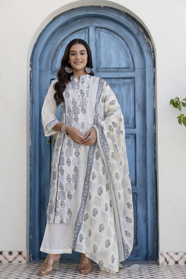 Grey Embroidary Cotton Kurta Pant Dupatta Set