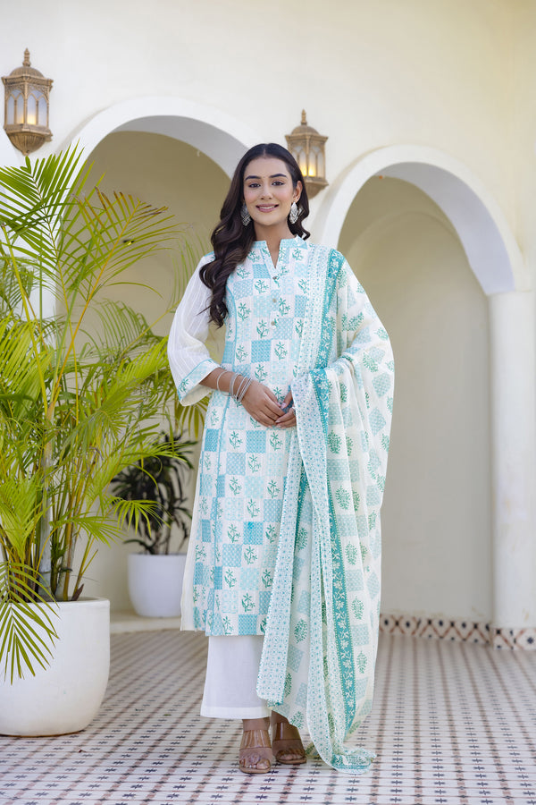 Blue Embroidary Cotton Kurta Pant Dupatta Set