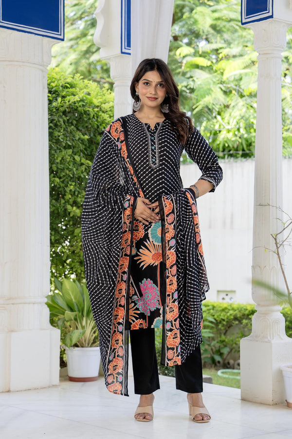 Black Printed Kurta Pant  Dupatta Set