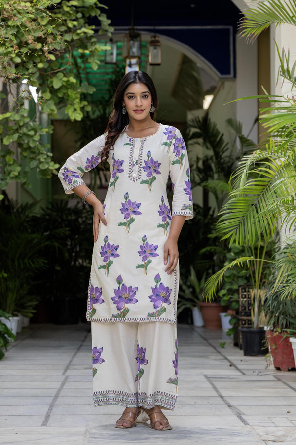 Myaza Women White Purple Flower Printed Kurta Pant Set