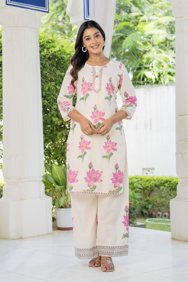 Myaza Women White Pink Flower Printed Kurta Pant Set