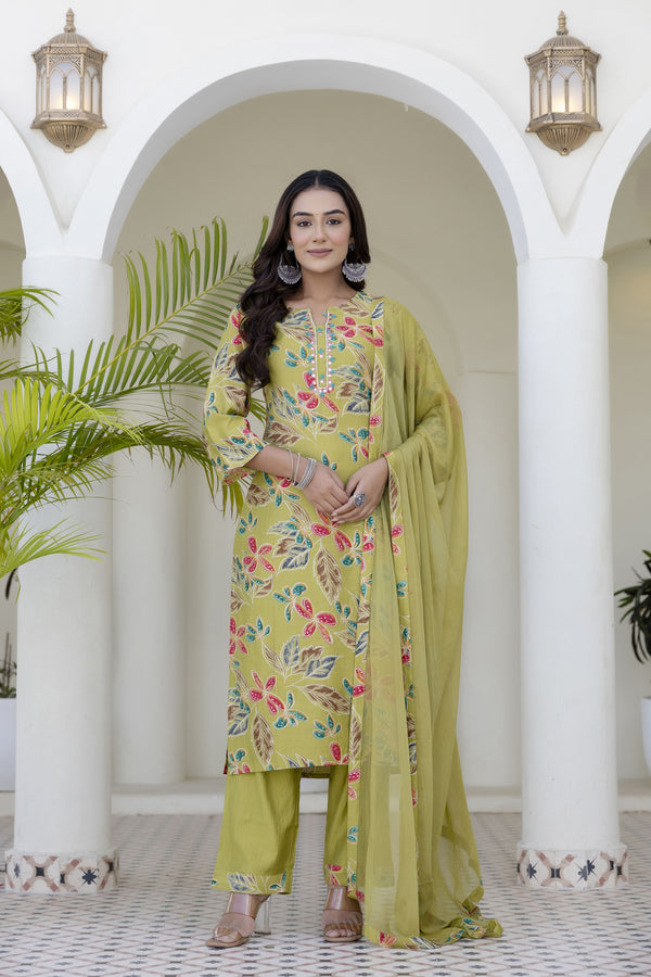 Green Cotton Kurta Pant Duptta Set