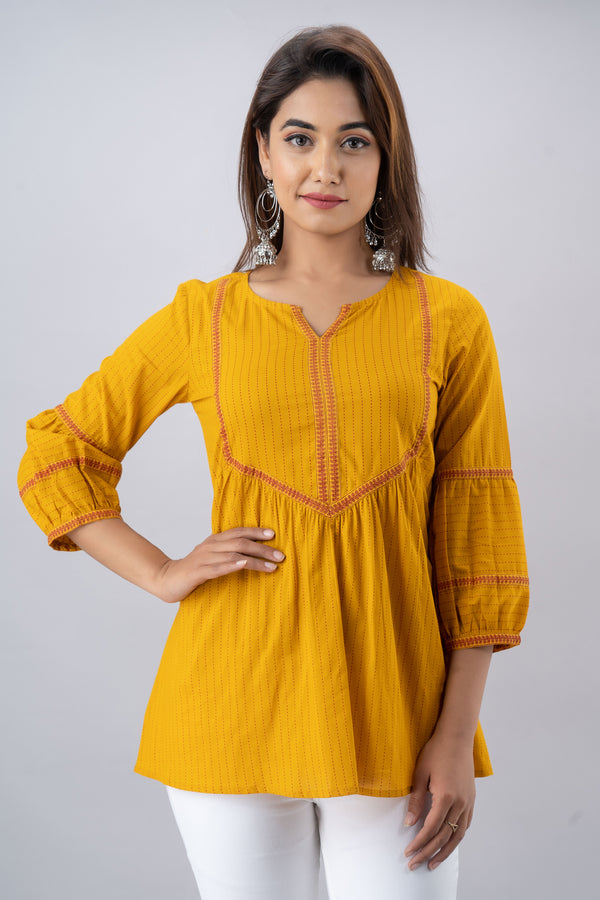 Women's Yellow Cotton Printed Top