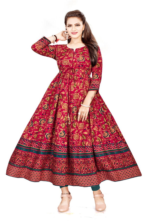 Wome Red Floral Red Cotton Printed Anarkali Kurta