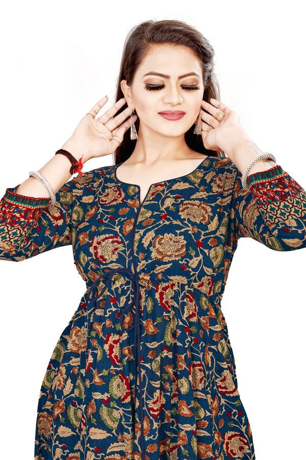 Wome Blue Floral Navy Cotton Printed Anarkali Kurta