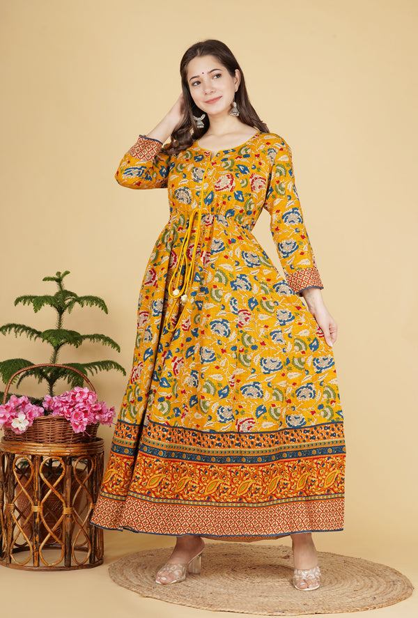 Wome Mustard Floral Yellow Cotton Printed Anarkali Kurta